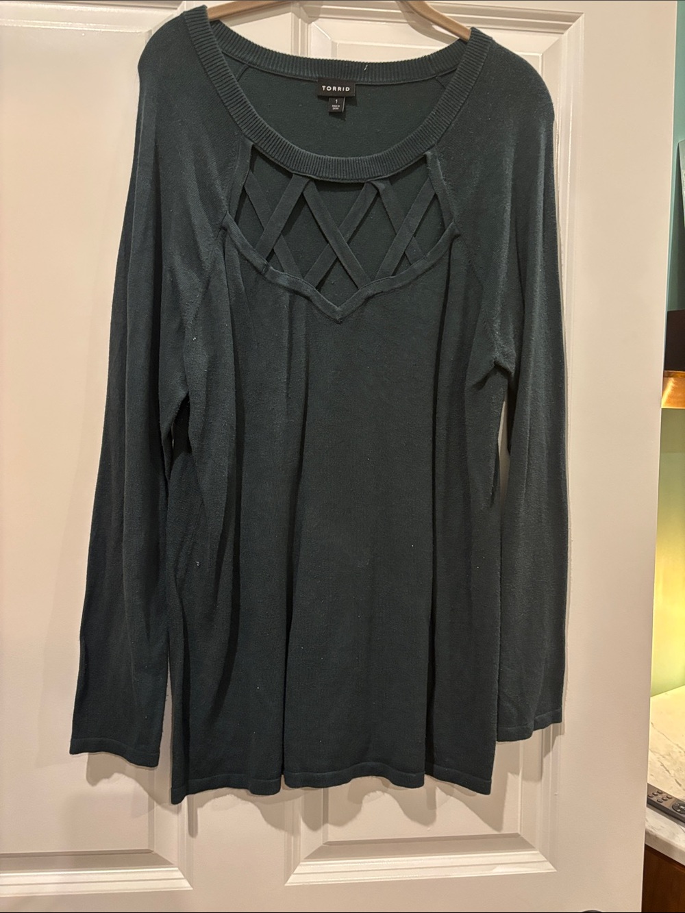 torrid Dark Teal Lattice-Front Long Sleeve Knit Top
